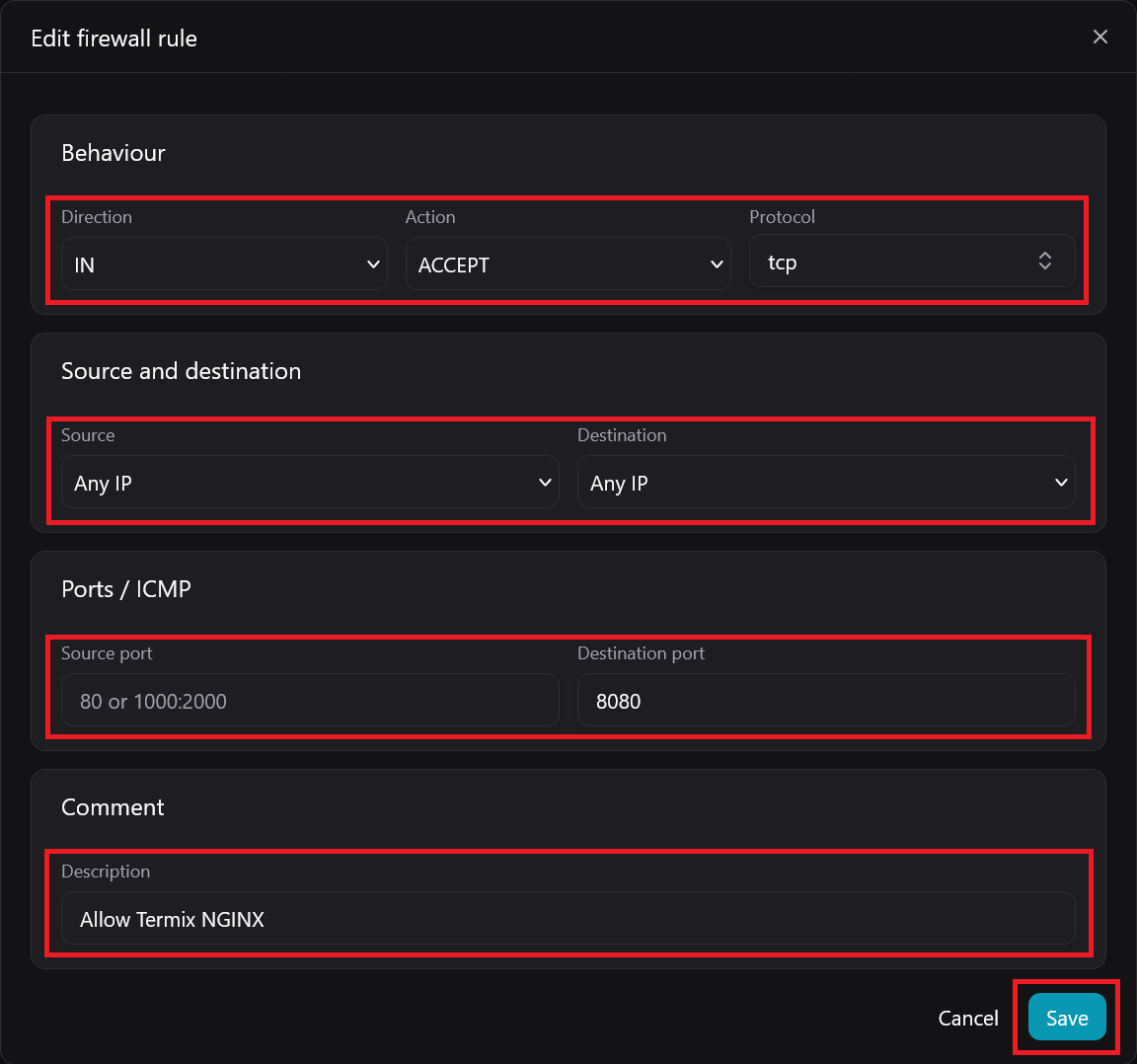 The Edit firewall rule dialog filled in to allow inbound TCP traffic to the Termix port