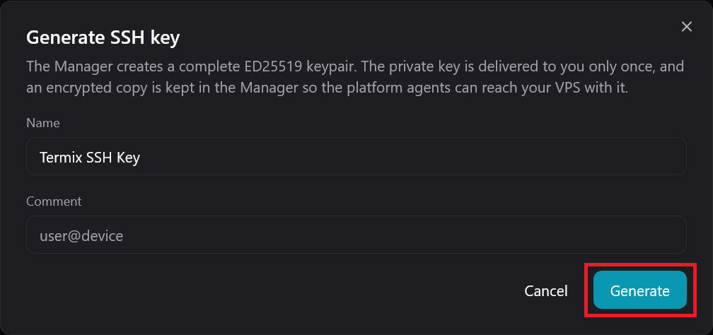 The Generate SSH key dialog with the name set to Termix SSH Key