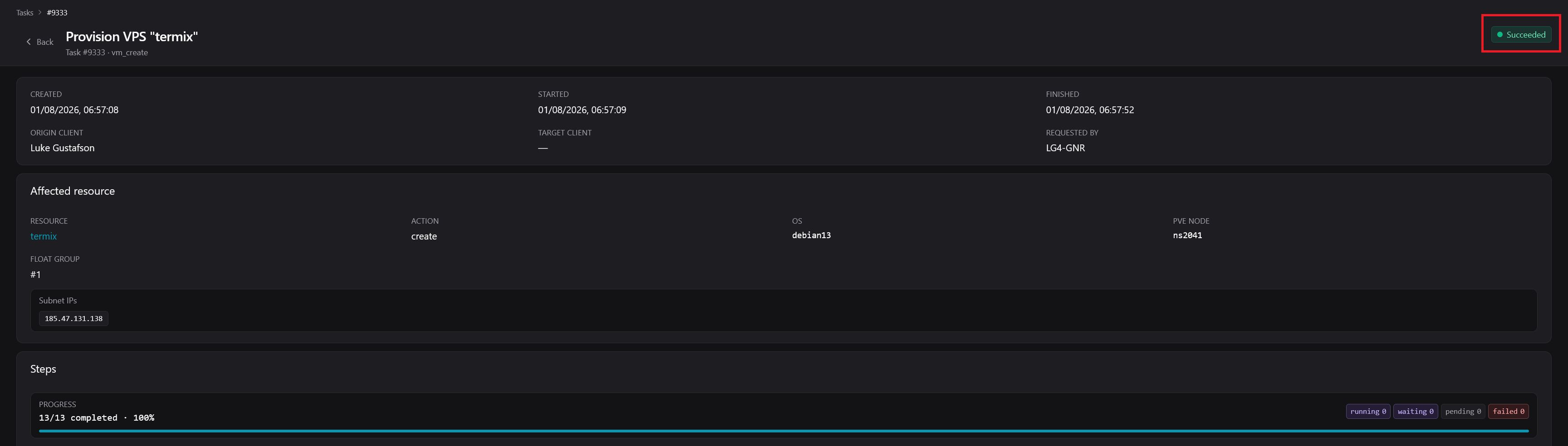 The provisioning task page showing a status of Succeeded