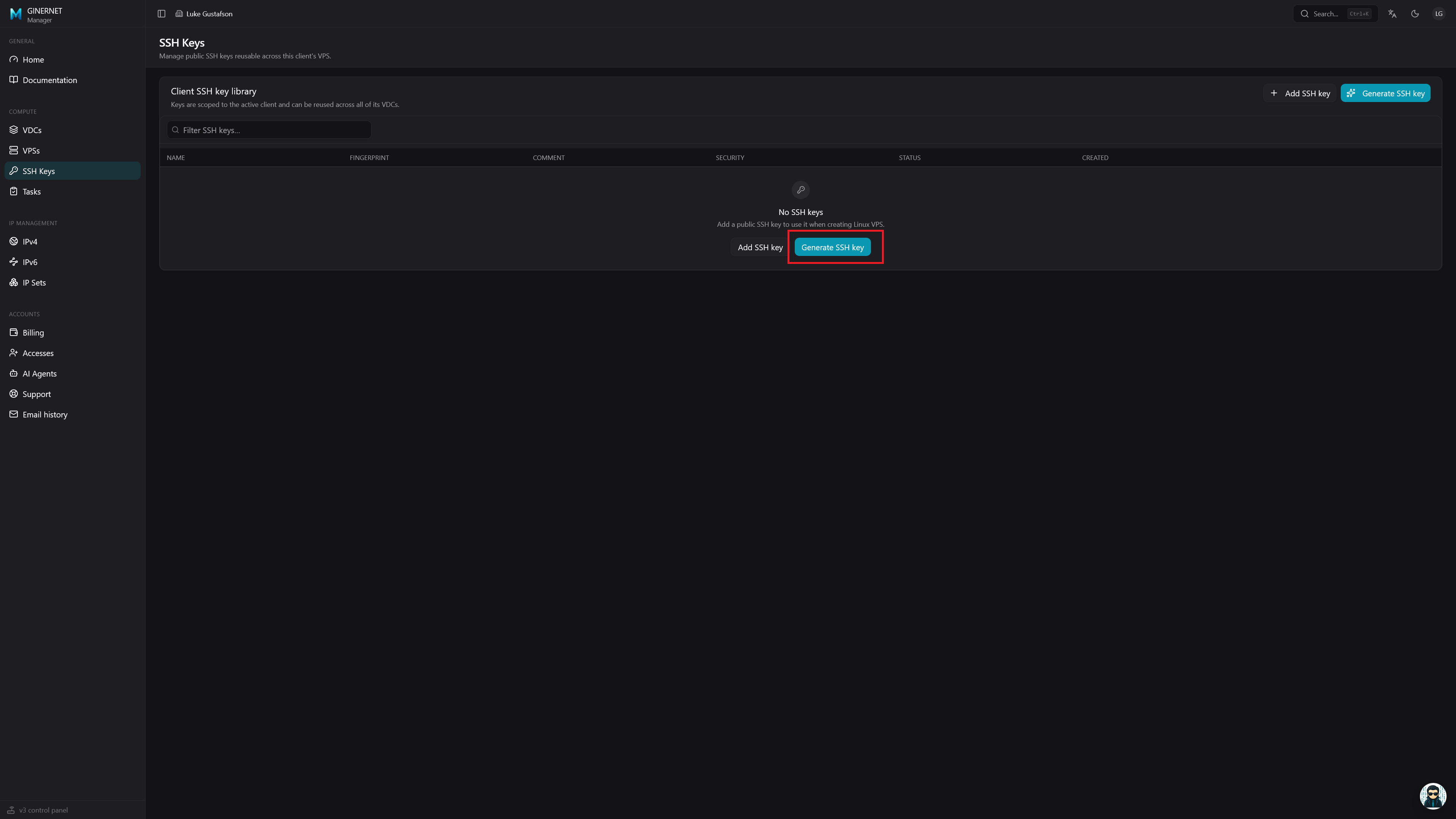 The SSH Keys page in the GINERNET Manager, with the Generate SSH key button highlighted