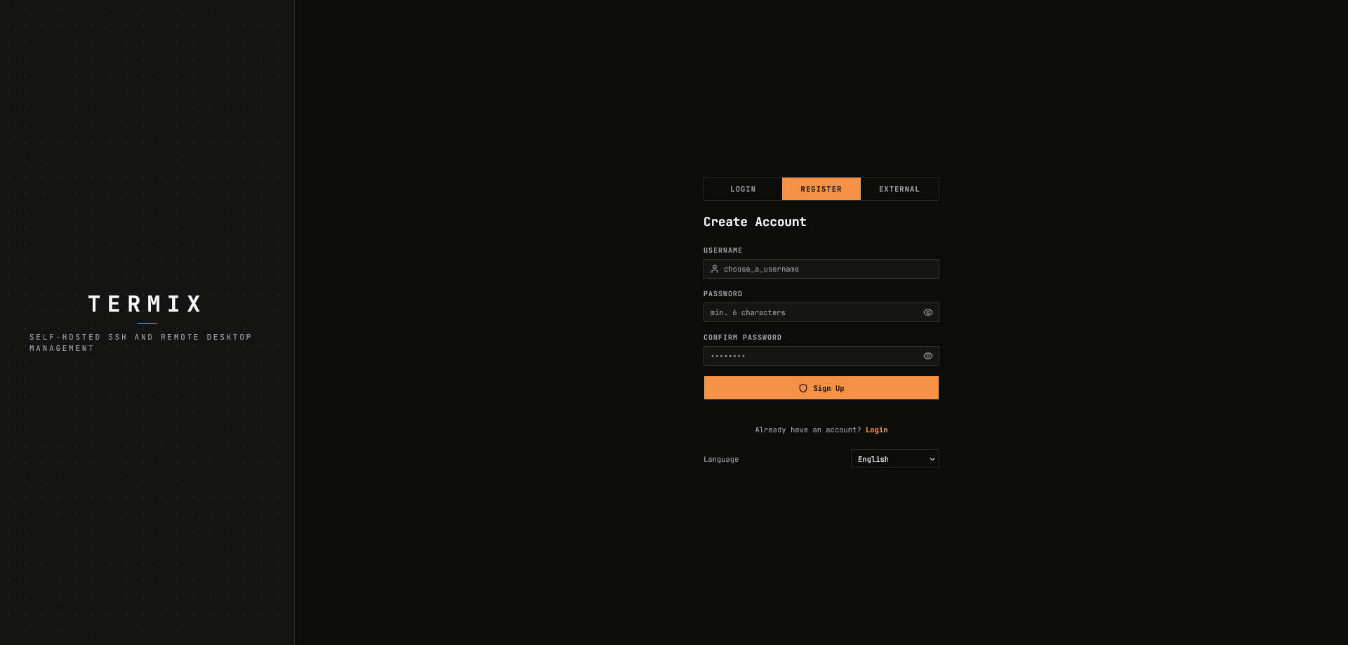 The Termix signup screen in a browser, creating the first admin account