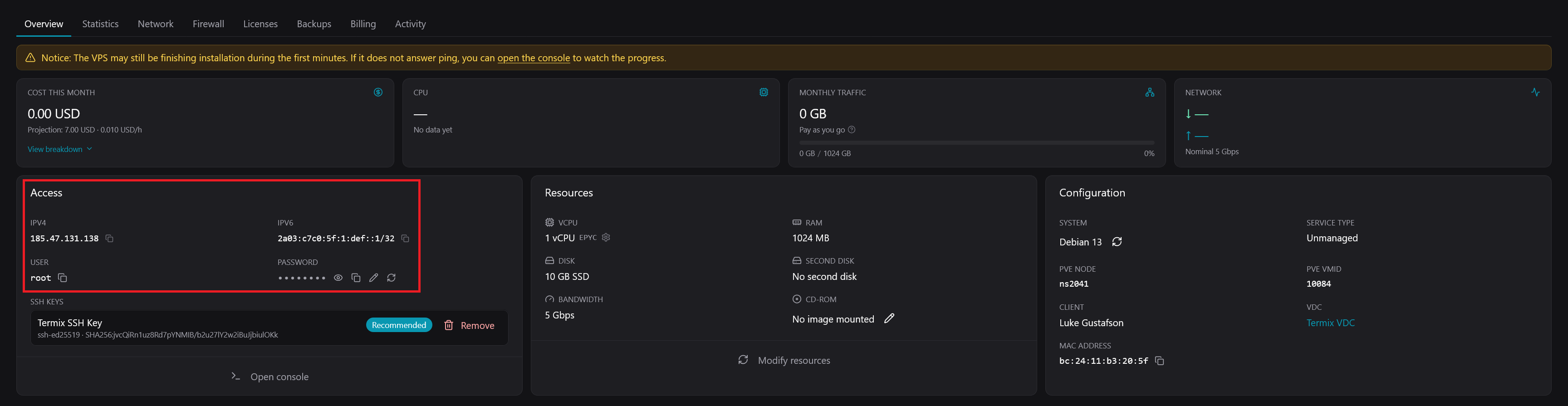 The VPS overview page with the Access box highlighted