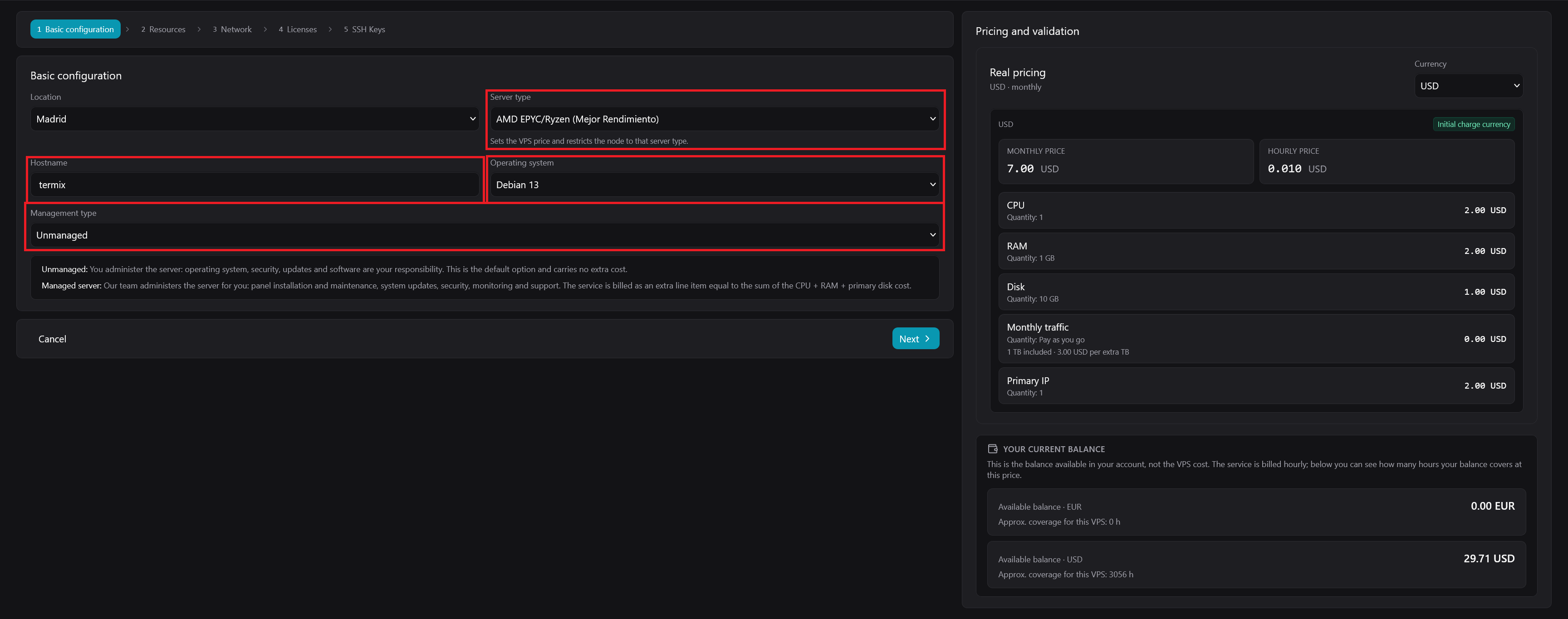 The Basic configuration step of the VPS wizard