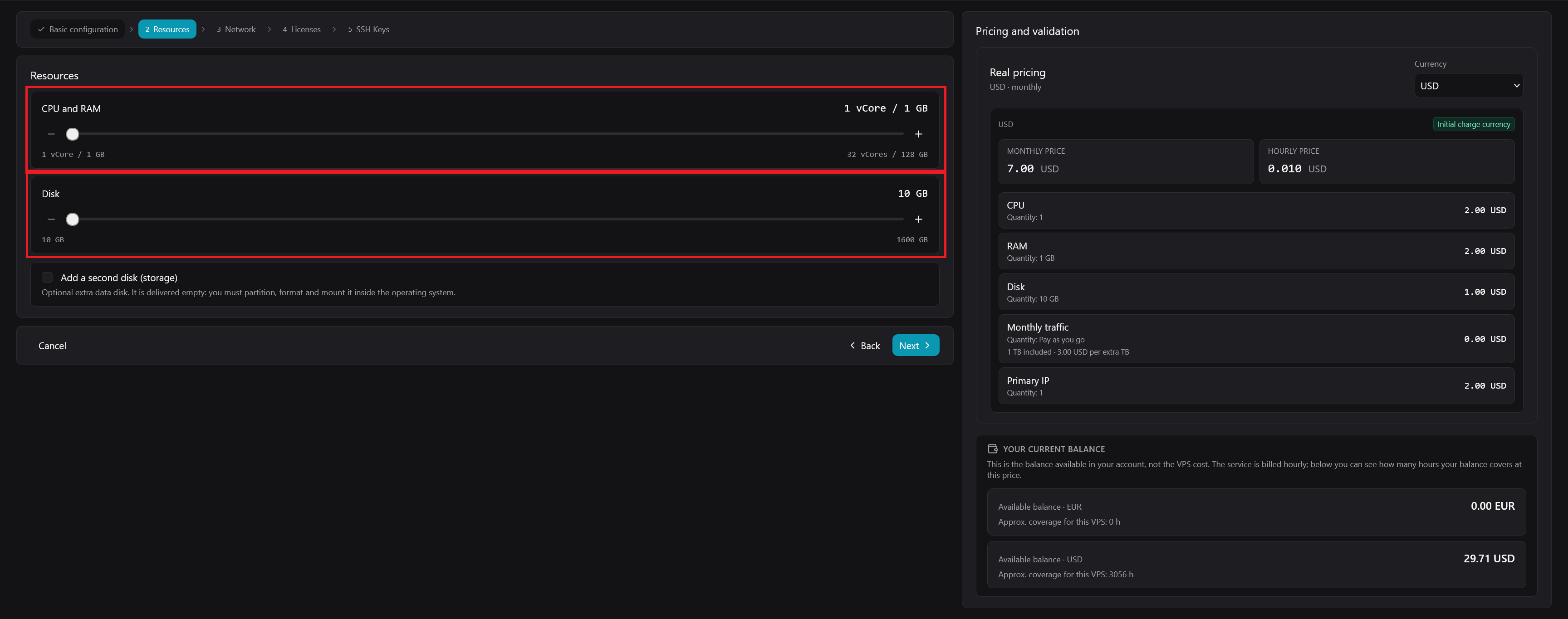The Resources step with CPU and RAM set to 1 vCore and 1 GB