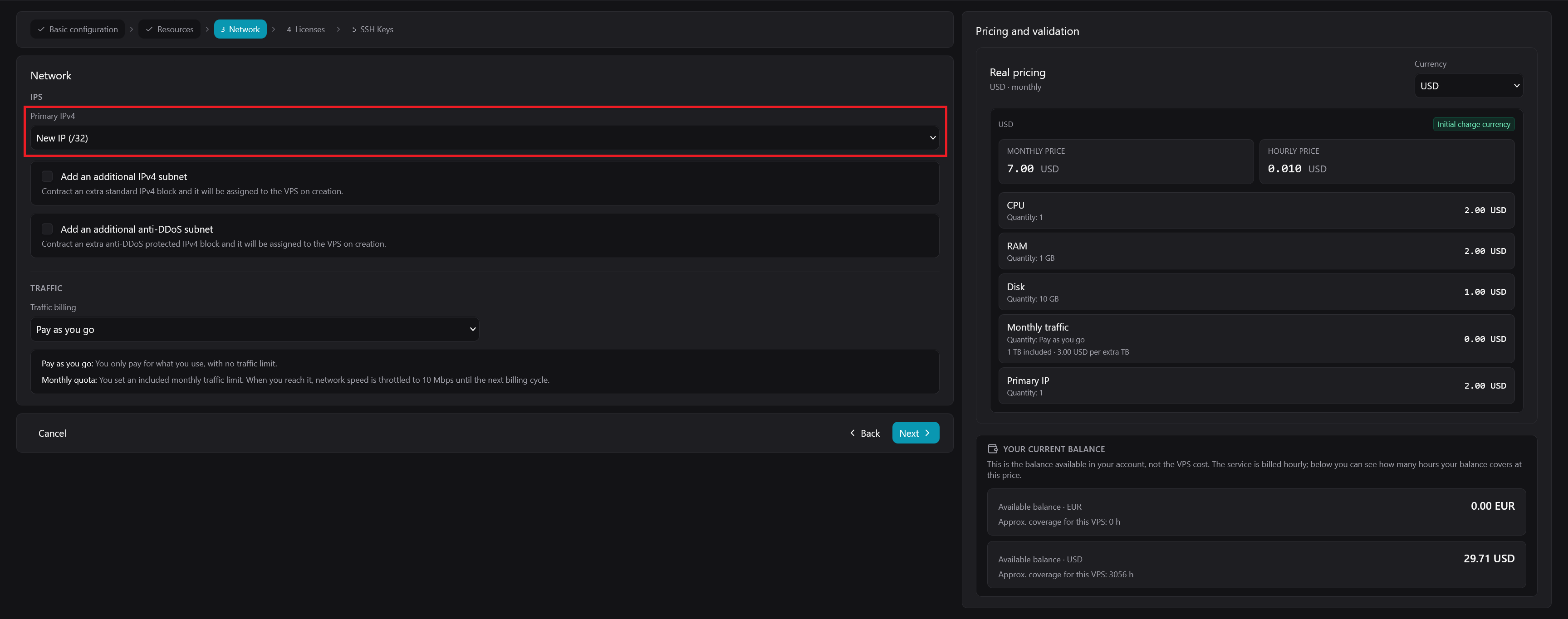 The Network step with Primary IPv4 set to New IP