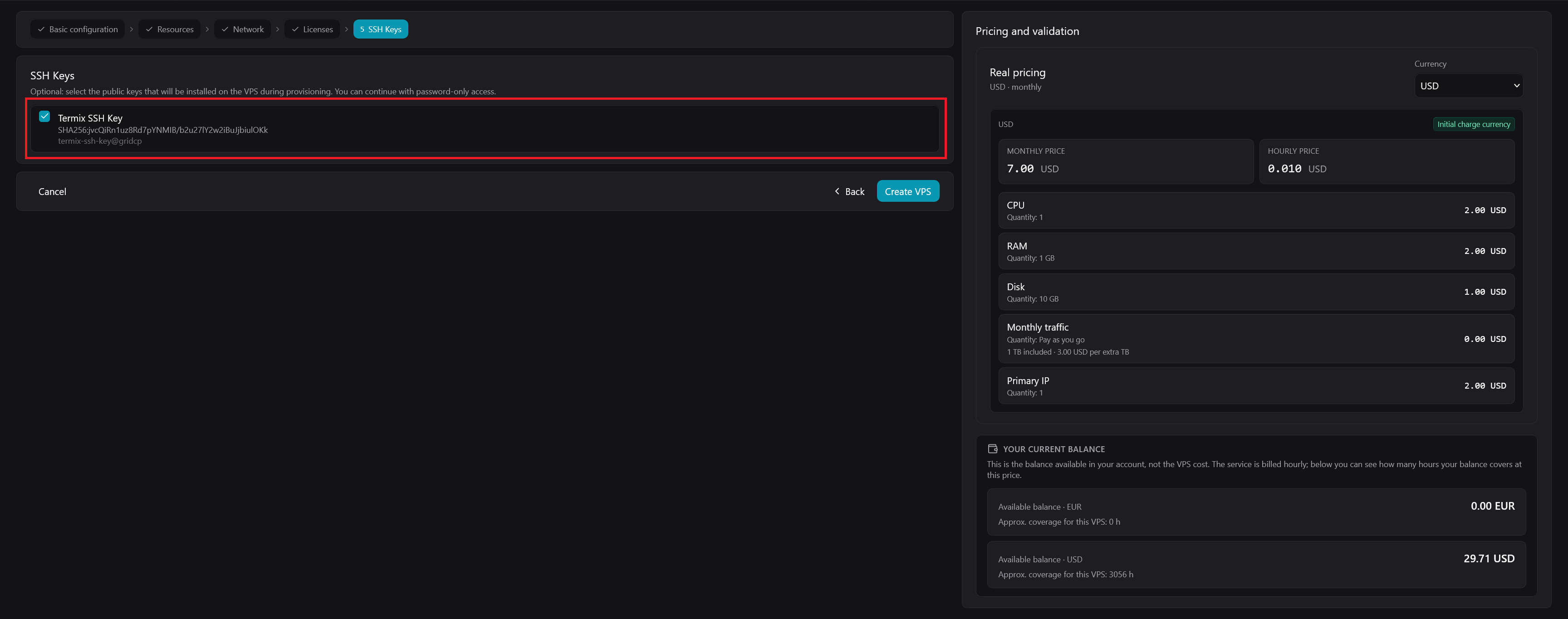 The SSH Keys step with the Termix SSH Key selected